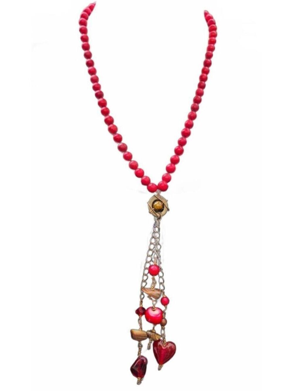 Hand knotted Red Howlite Statement Necklace = Boho Tassel & Charm Pendant